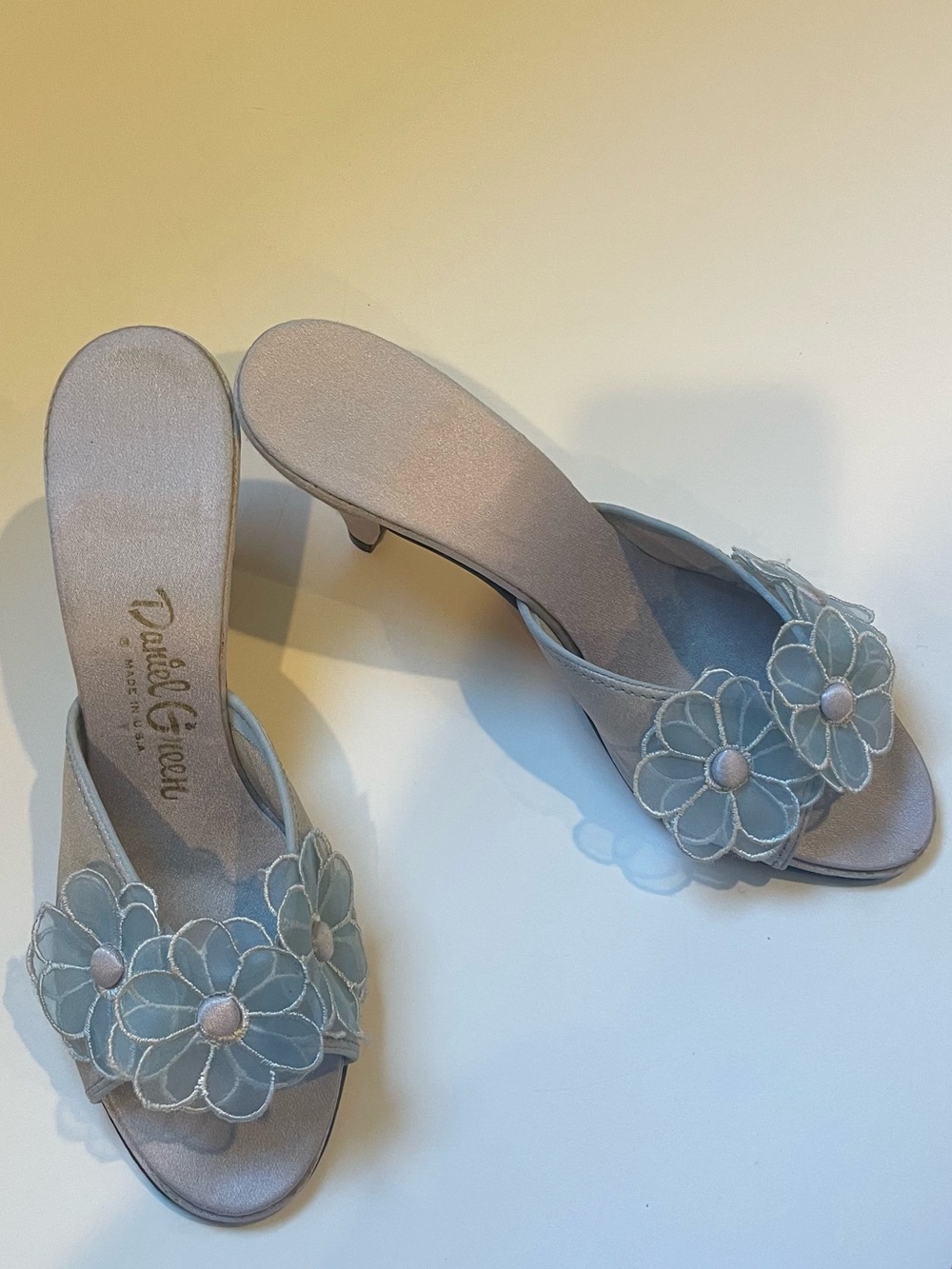 Vintage Daniel Green Silver Blue Organza Flower Kitten Heel Mules Size 7 7.5